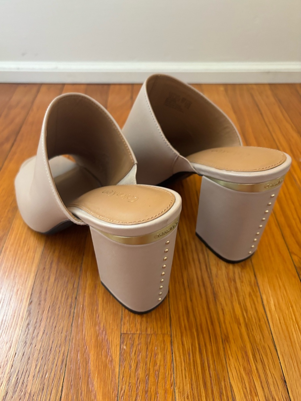 Calvin Klein Beige Leather Block Heel Mules with Gold Detail